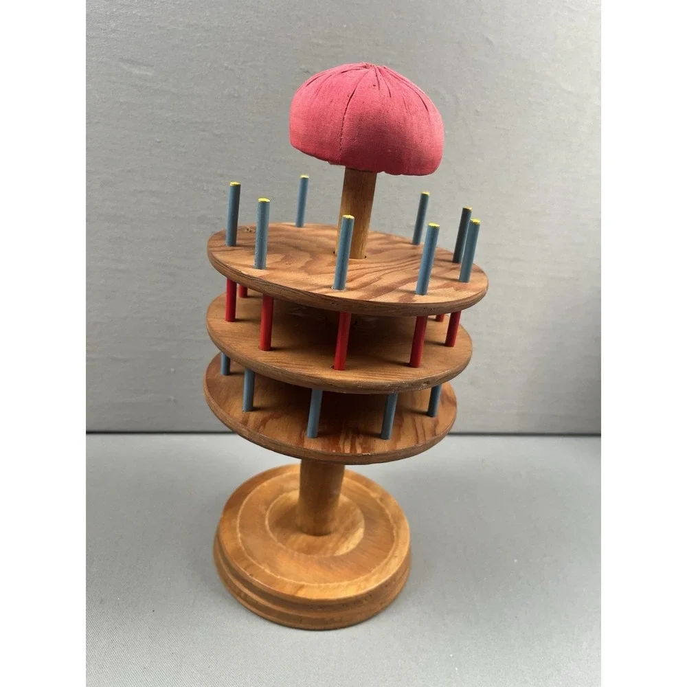 ANTIQUE Sewing THREAD Holder Caddy PIN CUSHION Wood Turned tiered 29 wood spools